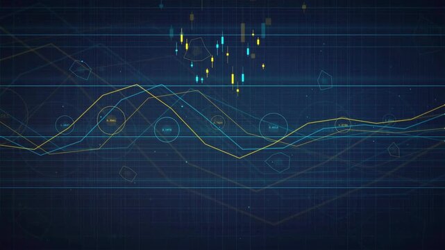 Abstract digital financial stock market data visualization with glowing blue and gold trading charts