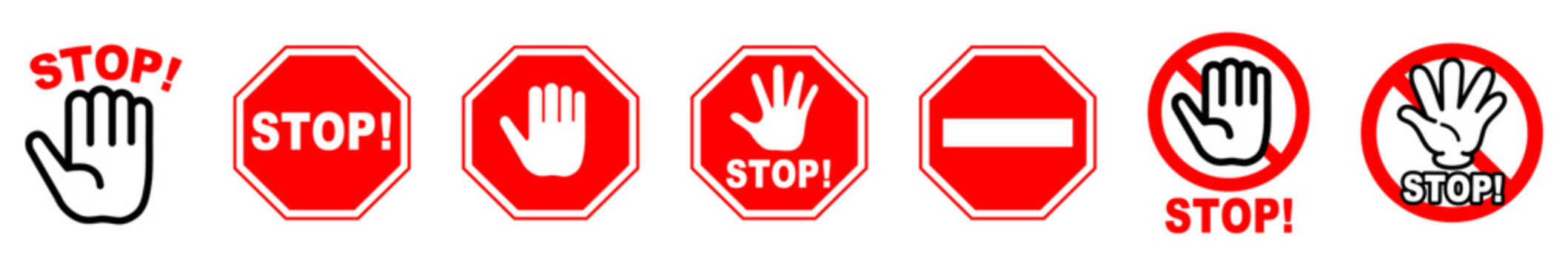 禁止や警告をイメージしたSTOPのベクターイラストセット。八角形の道路標識風、進入禁止、手のひらと禁止マーク（赤・白・黒）のバリエーション