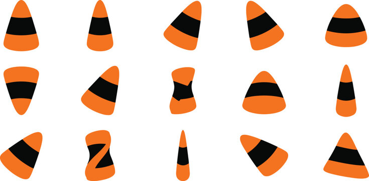 Collection of various candy corn pieces arranged in a grid pattern isolated on a plain white background for halloween