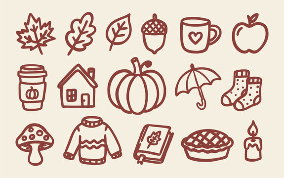 Hand drawn autumn doodle icon set featuring cozy fall elements. Perfect for stickers, planners, scrapbooking, greeting cards, invitations, stationery, seasonal decorations, and creative projects