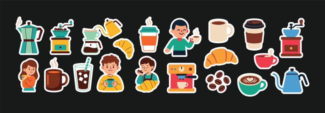 Assorted coffee making tools and beverage icons sticker set isolated on white background and color black with beverage espresso caffeine croissant white background and color black