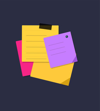 Colorful sticky notes attached with tape and pin for reminders and memos in a flat design style