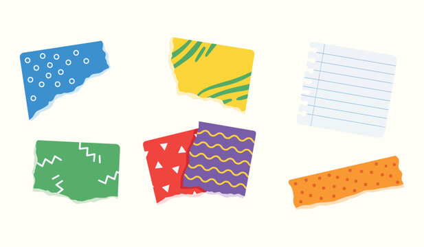 Set of colorful ripped paper sheets for scrapbooking and decoration white background and color black with scrapbook stationery colorful decoration white background and color black
