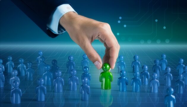 A large human hand selects green figure out of blue crowd figurines on digital grid platform for recruitment.