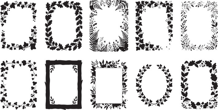 Set of botanical frames with floral and leaf silhouettes for decorative borders and wedding invitation design elements