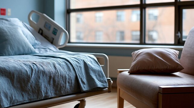 A hospital room featuring a bed and a cozy chair near a large window, evoking comfort.