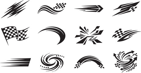 Naklejka premium Set of black racing decals and speed motion graphics with checkered flag patterns for vehicle decoration