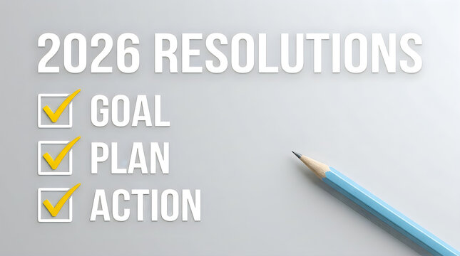 2026 resolutions checklist with pencil. New year goal planning and personal development list.