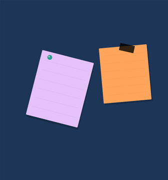 Two paper notes one purple and one orange attached with a pin and tape against a dark blue background