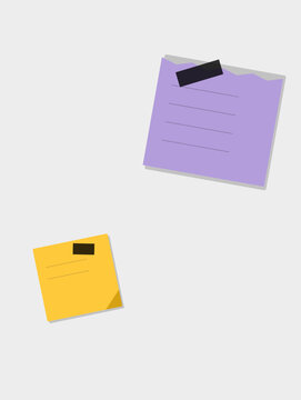 Two colorful sticky notes with tape affixed to a clean white background for messages and reminders