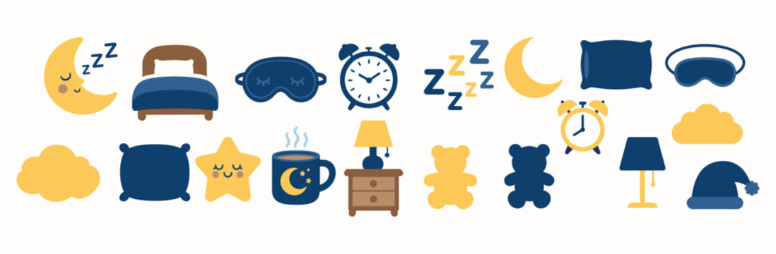 Sleep and bedtime themed graphic icons for night routine white background and color black with relaxation nighttime collection lifestyle wellness white background and color black