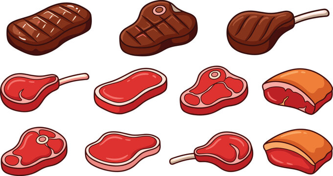 Raw Beef Meat Cuts and Grilled Steaks Flat Cartoon Vector Illustration Set Isolated on White Background