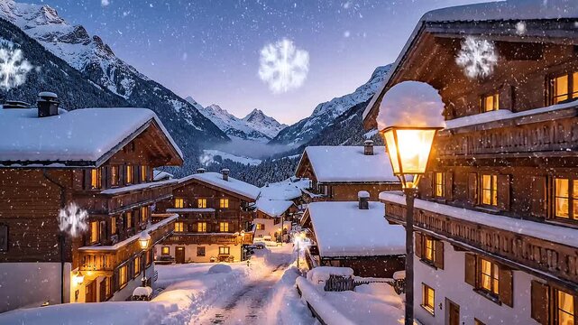 Cozy European alpine village at night covered in fresh winter snow with warm glowing windows and majestic mountains