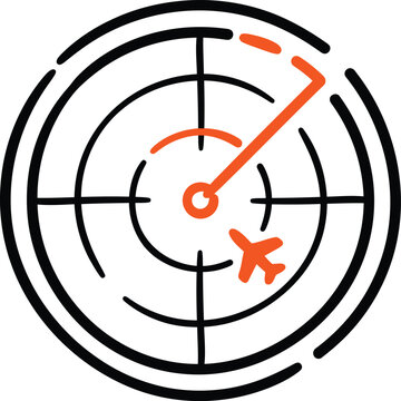 Radar screen with airplane blip representing air traffic control and flight tracking, black and orange hand-drawn outlined icon