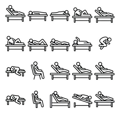 Medical examination table icons, 20 patient positioning vector symbols, hospital bed posture line art for clinical diagnostic procedures