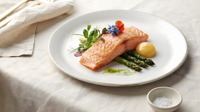 Nordic salmon plate with microgreens and herbs &ndash; Suitable for seafood restaurant menus, gourmet dining, or recipe books.