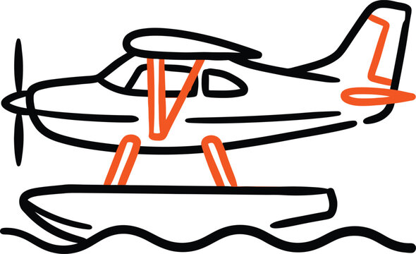 Seaplane side profile representing marine aviation and floatplane transport, black and orange hand-drawn outlined icon