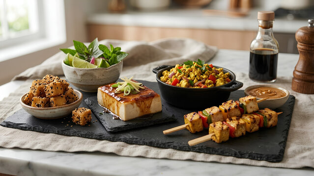 Various delicious cooked tofu dishes including skewers scramble and fried cubes
