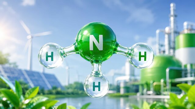 Ammonia molecule symbolizing green chemistry and sustainable industrial processes with renewable energy sources like wind turbines and solar panels in the background