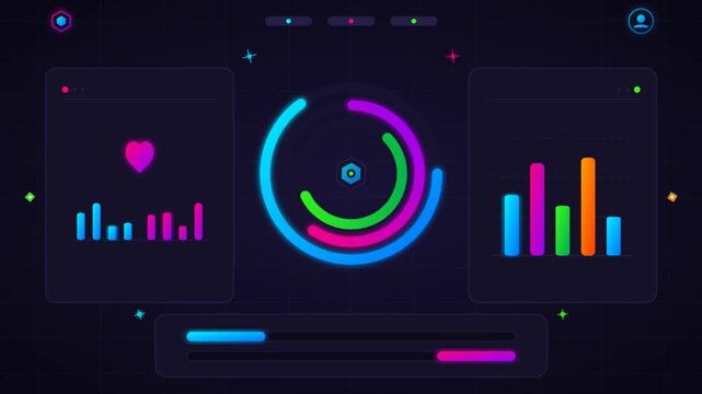 Futuristic HUD medical dashboard with neon heart rate monitor, digital health data visualization interface, glowing biometric analytics UI