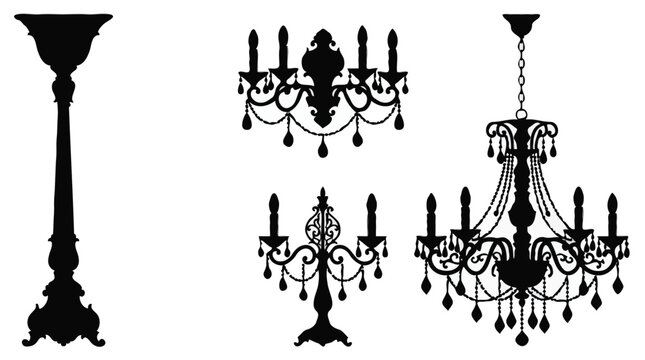 Vintage chandelier and candelabra lighting fixtures silhouette vector illustration set
