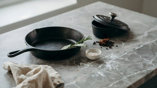 Cast iron skillet and dutch oven with herbs on stone &ndash; Great for kitchenware advertising, cookware branding, or cooking.
