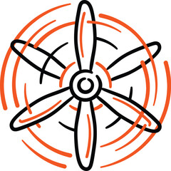 Spinning airplane propeller representing aircraft engine thrust, black and orange hand-drawn outlined icon © LinearAndLoom
