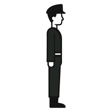 Professional soldier standing in formal military uniform profile view wearing cap as disciplined army personnel ready for duty task.