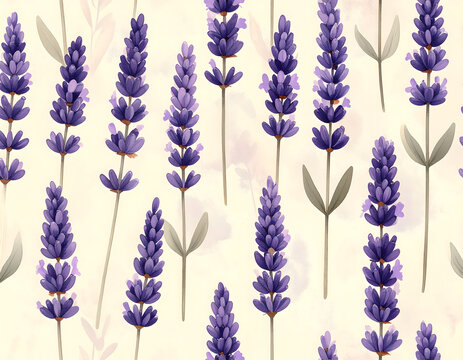 Seamless pattern of tiny minimal lavender sprigs aligned vertically in neat repeating rows.