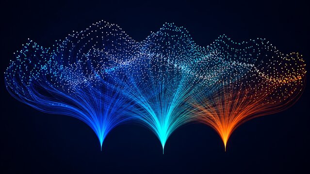 Three points of light emitting branched network lines in abstract digital environment.