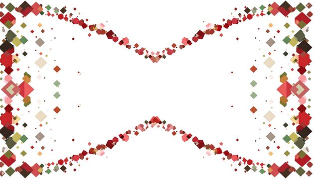 An abstract design featuring various-sized diamond shapes in red, brown, and green, arranged in a symmetrical border