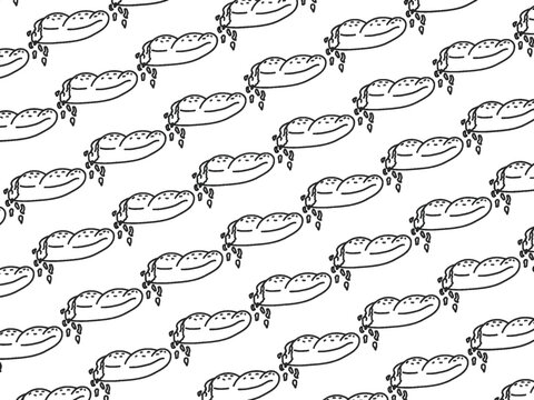 Seamless black and white bread pattern with hand drawn line art loaf illustrations on a white background. Ideal for bakery branding, wrapping paper, textiles, packaging, and wallpaper.