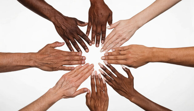 Diverse team joining hands in unity and collaboration. Multiethnic group demonstrating partnership and corporate teamwork.