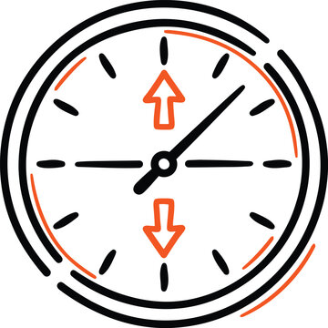 Vertical speed indicator representing aircraft altitude climb and descent, black and orange hand-drawn outlined icon