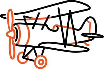 Vintage biplane representing classic aviation, black and orange hand-drawn outlined icon © LinearAndLoom