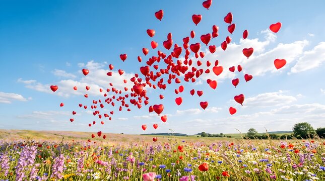 Hundreds of red heart balloons released into clear blue sky. Romantic celebration with floating love symbols over blooming field.
