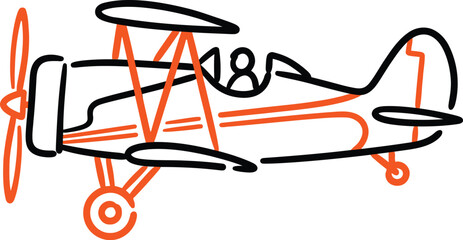 Vintage biplane representing classic aircraft flight, black and orange hand-drawn outlined icon © LinearAndLoom