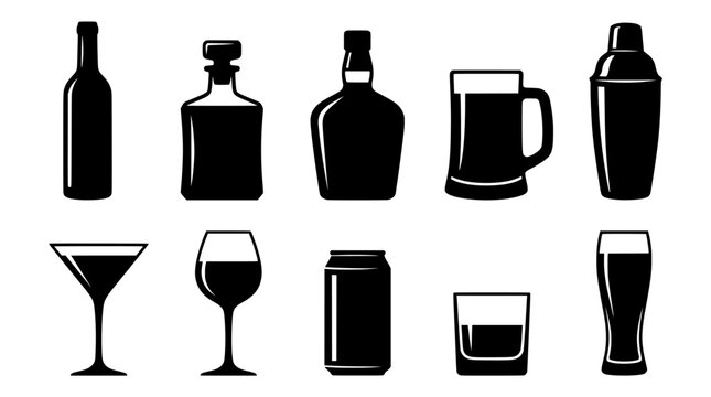Minimalist alcohol bottle and glassware icons, set of 10 black silhouettes for bar menus, beverage packaging and cocktail lounge branding