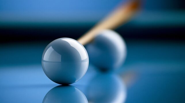 Close-up of two blue billiard balls with a cue stick in a vibrant setting.