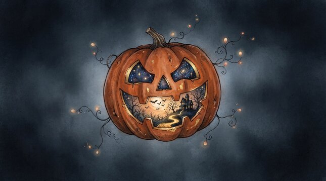 Carved pumpkin with spooky face and whimsical landscape inside for Halloween