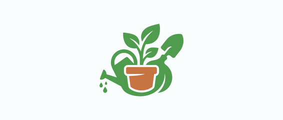 Gardening icon with plant, pot, watering can, and shovel © meja