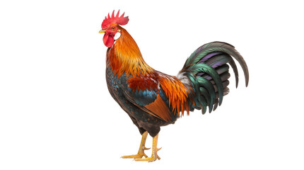 Colorful adult rooster standing isolated on a white background. Full length profile view of a vibrant male chicken with red crest, golden neck hackles, and iridescent tail feathers. © Black