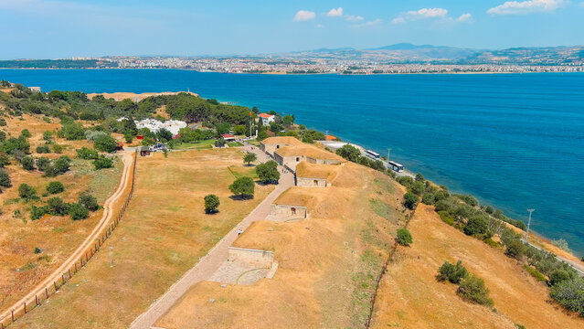 Kilitbahir, Turkey. Aerial drone flyover of the historic Mecidiye Bastion, a 19th-century Ottoman fortress on the Gallipoli Peninsula. Aerial View