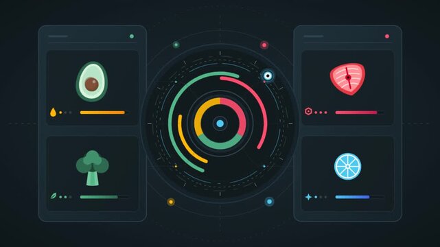 Futuristic nutrition tracking dashboard, digital health app interface with food icons, calorie and macro data visualization on dark background
