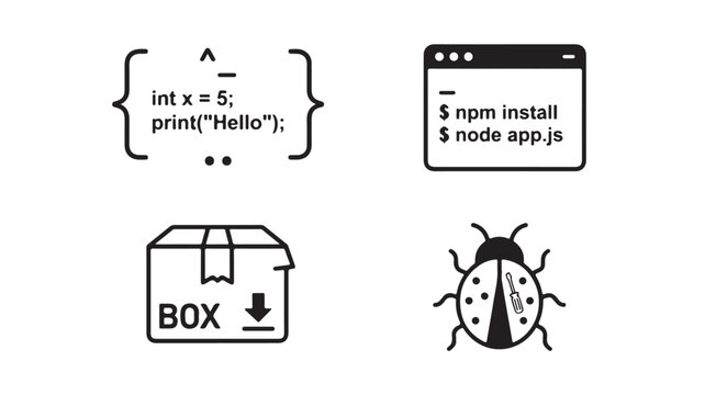 Software programming icon set including coding symbols database computer screen and code editor web development vector illustration