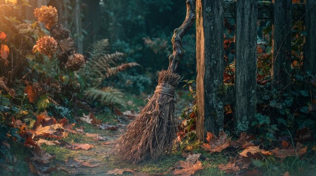 Witch's broom leaning against trees in the forest at sunset for Halloween