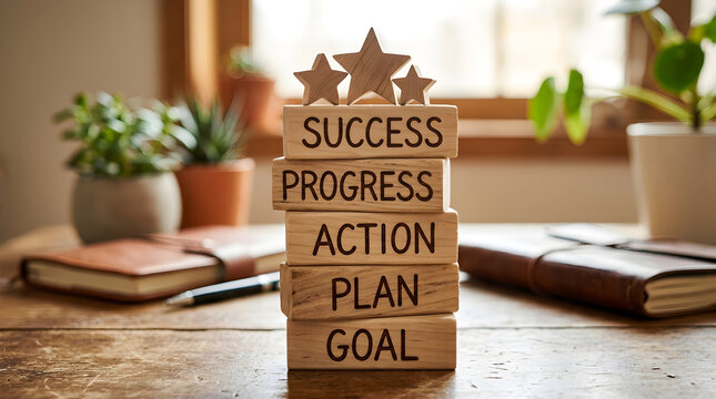 Wooden blocks stacked with words success, progress, action, plan, and goal with stars on top. Ideal for business and personal development strategy concepts.