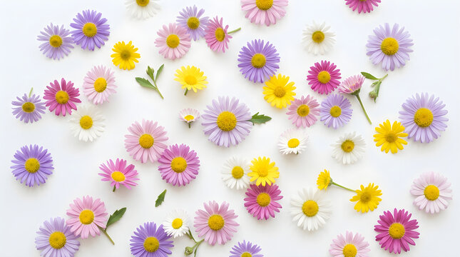 Colorful asters and daisies flat lay isolated on white background. Spring and summer floral pattern design for greeting cards.