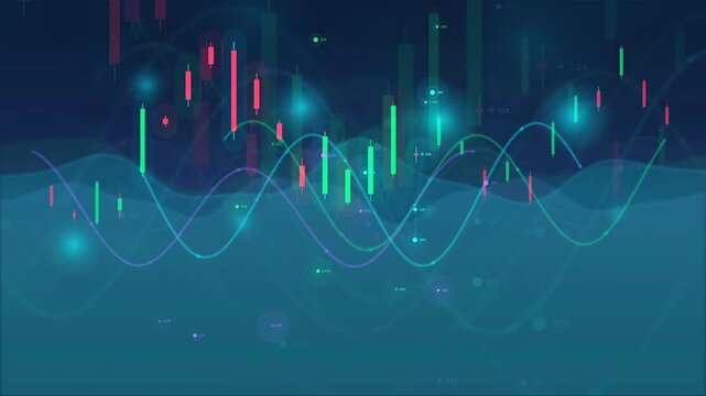 Abstract Digital Financial Stock Market Chart with Candlestick Graphs and Glowing Data Wave Lines