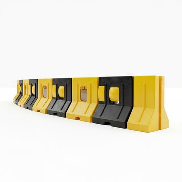 Yellow and Black Plastic Water Filled Barriers for Road Construction and Safety.